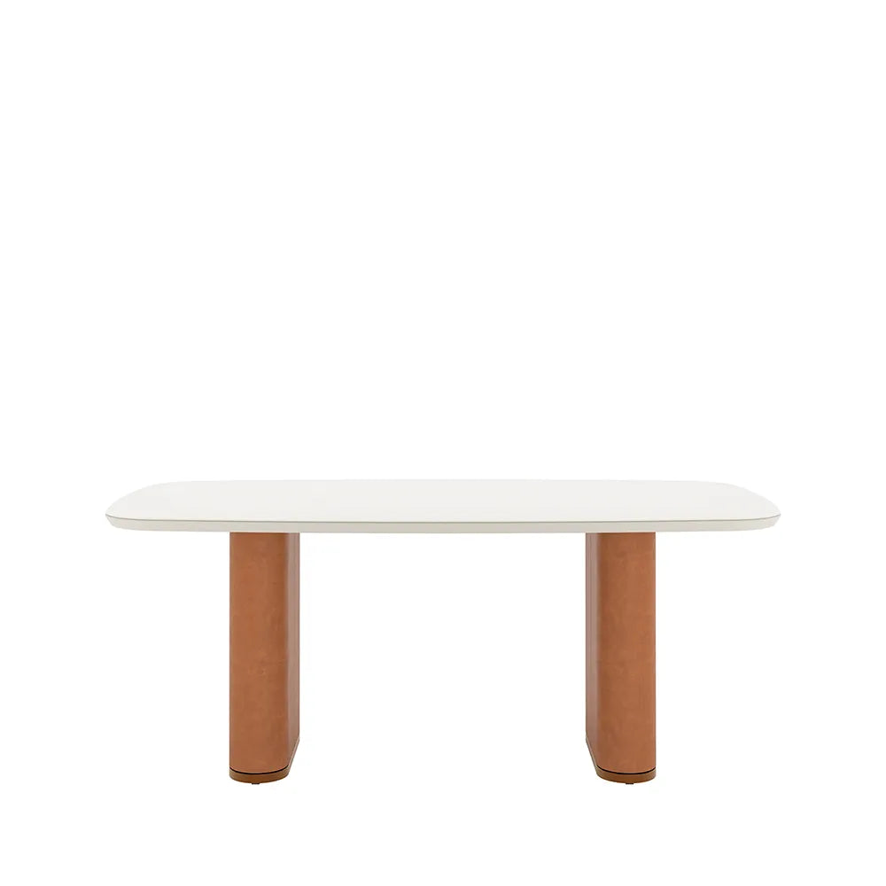 Mesa de Jantar Retangular c/ Vidro para 6 Lugares Lintz 184 cm - Off White Fosco c/ Canella - PU Caramelo
