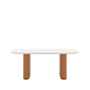 Mesa de Jantar Retangular c/ Vidro para 6 Lugares Lintz 184 cm - Off White Fosco c/ Canella - PU Caramelo