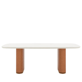 Mesa de Jantar Retangular c/ Vidro para 8 Lugares Lintz 219 cm - Off White Fosco c/ Canella - PU Caramelo