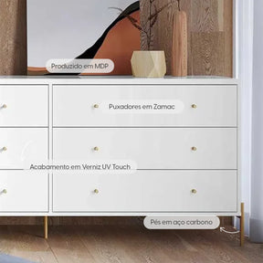 Conjunto 2 Mesas de Cabeceira e Cômoda 6 Gavetas Jasper - Branco c/ Dourado