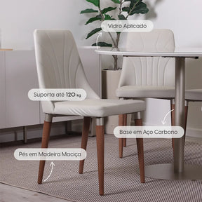 Conjunto de Jantar Mesa Redonda com Vidro Cloe 4 Cadeiras Lara - Champanhe c/ PU Off White