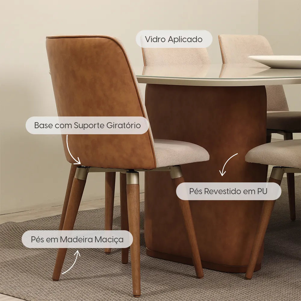 Conjunto de Jantar Mesa Retangular com Vidro Lintz com 8 Cadeiras Giratória Dakota - Canella c/ Caramelo