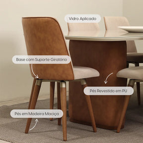 Conjunto de Jantar Mesa Retangular com Vidro Lintz com 8 Cadeiras Giratória Dakota - Canella c/ Caramelo
