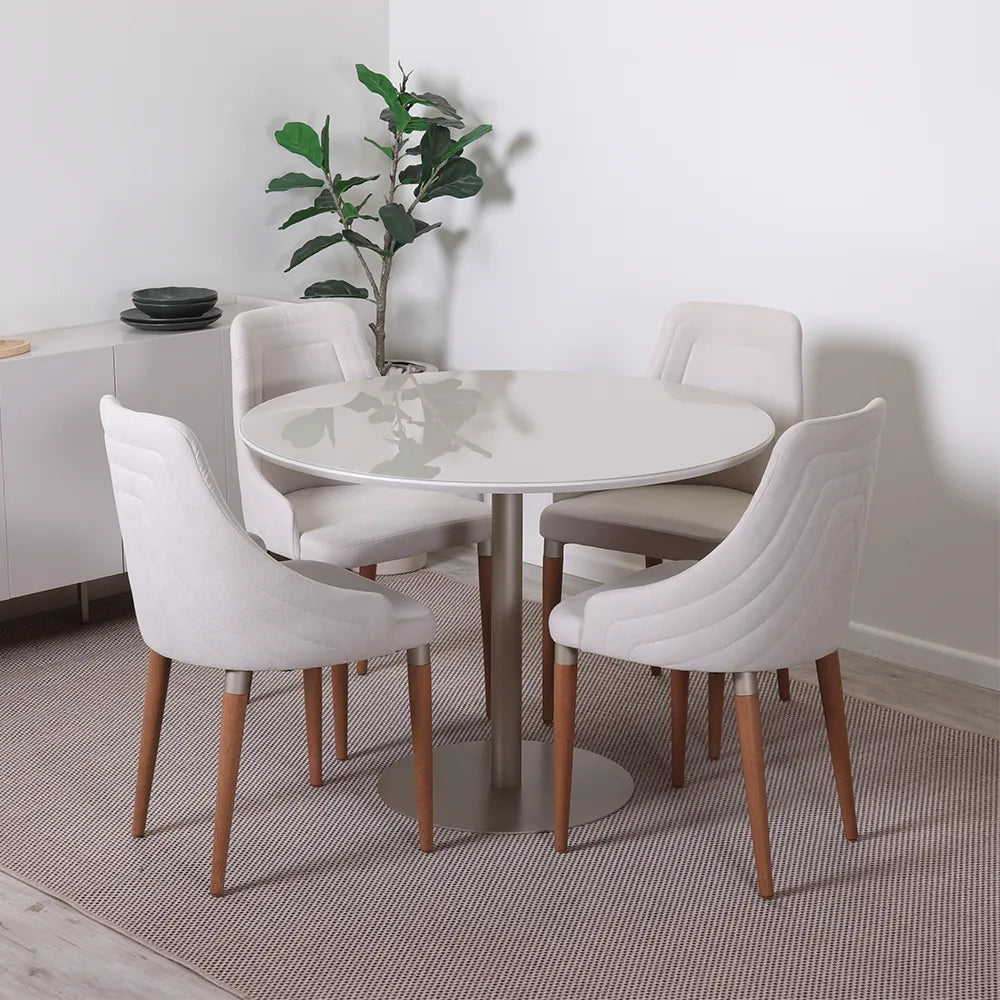 Mesa de Jantar Redonda com Vidro para 4 Lugares Cloe 108 cm - Champanhe c/ Off White Fosco