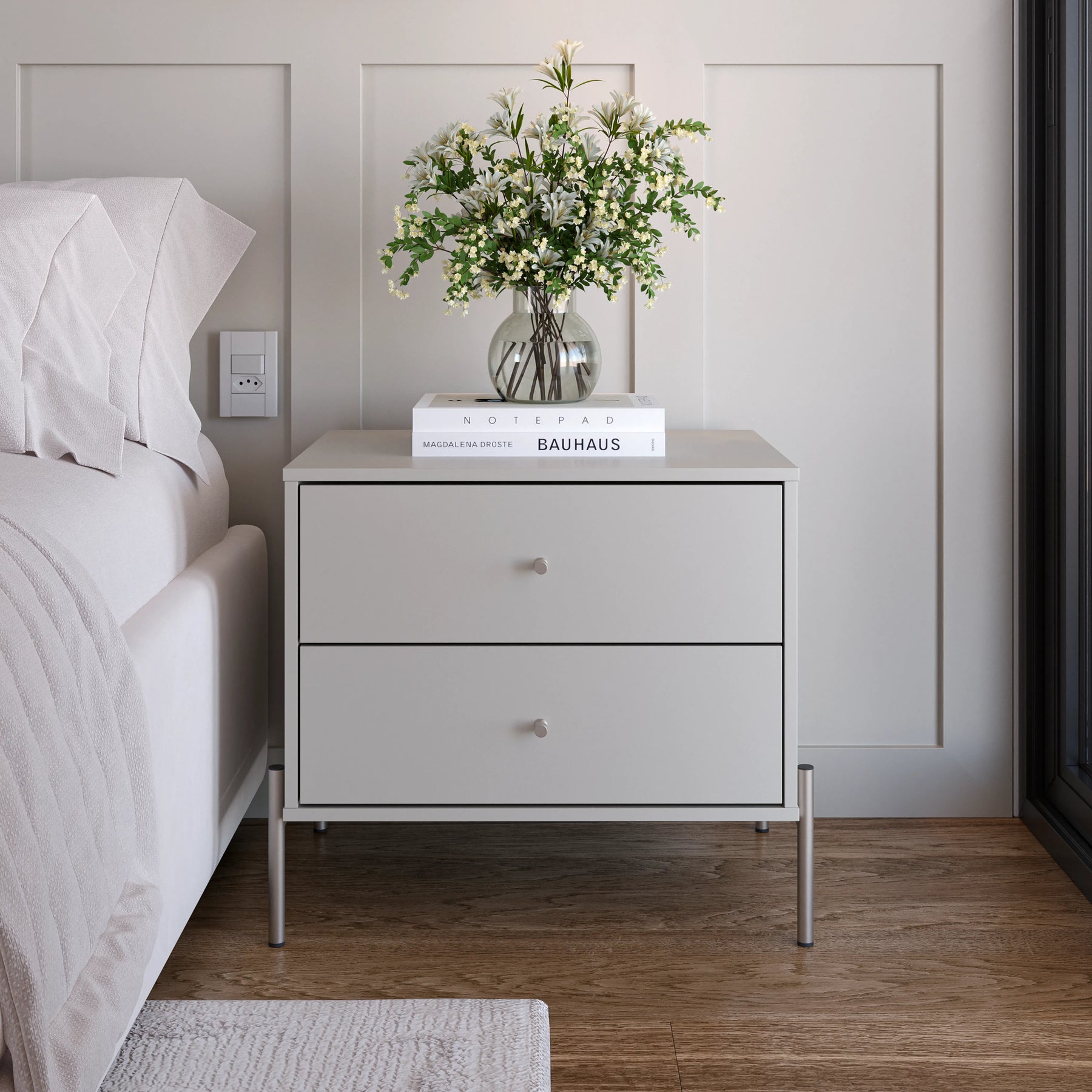 Conjunto 2 Mesas de Cabeceira 2 Gavetas Jasper 64 cm - Off White Fosco c/ Champanhe