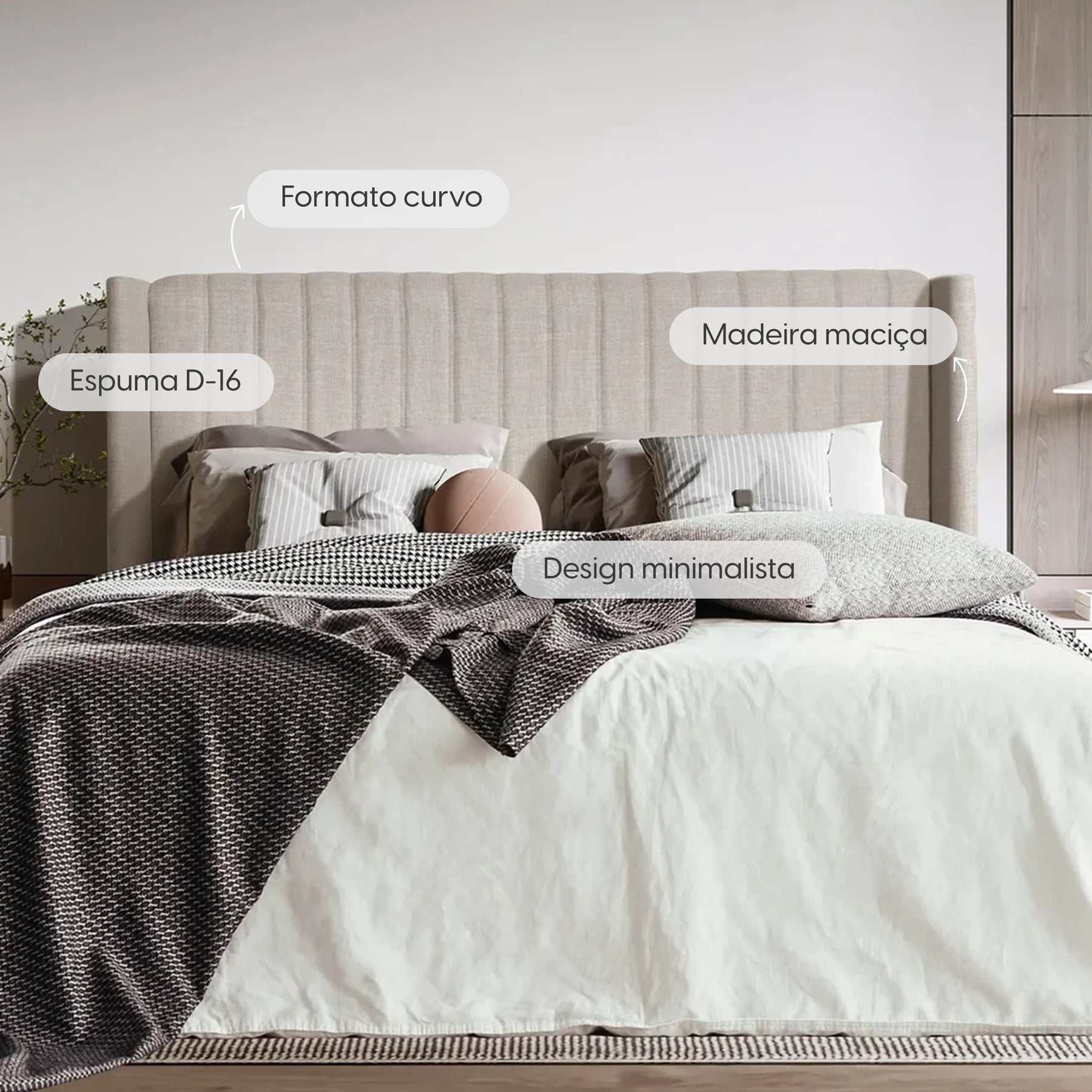 Conjunto 2 Mesas de Cabeceira Yves e Cabeceira Queen Reid - Off White c/ Dourado - Linho Mescla Taupe