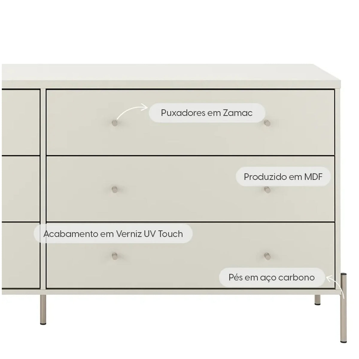 Conjunto 2 Mesas de Cabeceira e Cômoda 6 Gavetas Jasper - Off White Fosco c/ Champanhe