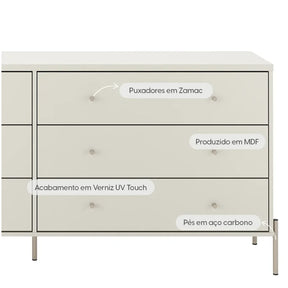 Conjunto 2 Mesas de Cabeceira e Cômoda 6 Gavetas Jasper - Off White Fosco c/ Champanhe