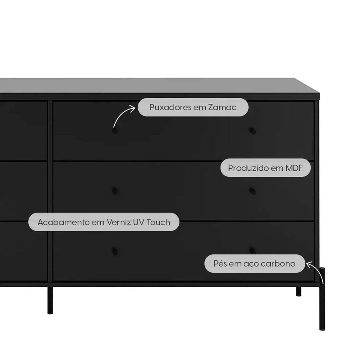 Conjunto 2 Mesas de Cabeceira e Cômoda 6 Gavetas Jasper - Preto Fosco