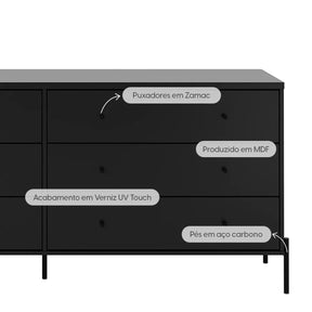 Conjunto 2 Mesas de Cabeceira e Cômoda 6 Gavetas Jasper - Preto Fosco