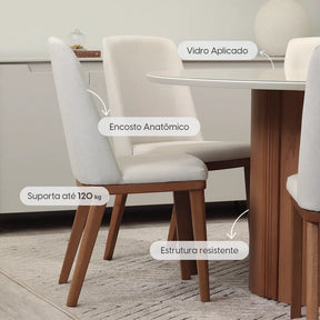 Conjunto de Jantar Mesa Redonda com Vidro 6 Cadeiras Kalina - Canella c/ Off White