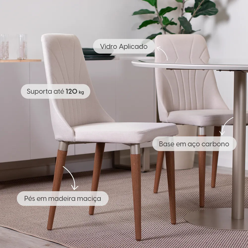 Conjunto de Jantar Mesa Redonda com Vidro Cloe 4 Cadeiras Lara - Champanhe c/ Off White