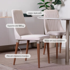 Conjunto de Jantar Mesa Redonda com Vidro Cloe 4 Cadeiras Lara - Champanhe c/ Off White