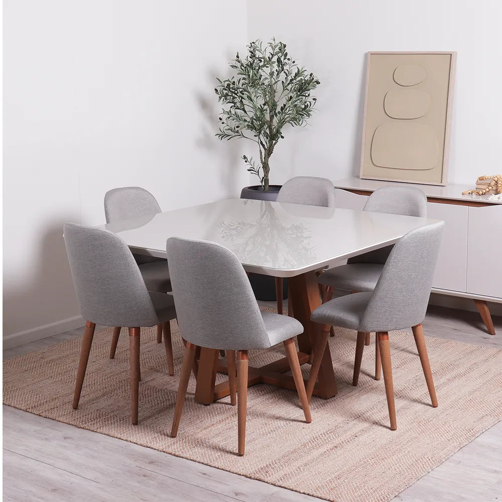 Mesa de Jantar Quadrada c/ Vidro para 6 Lugares Bennett 135 cm - Natural c/ Off White Fosco