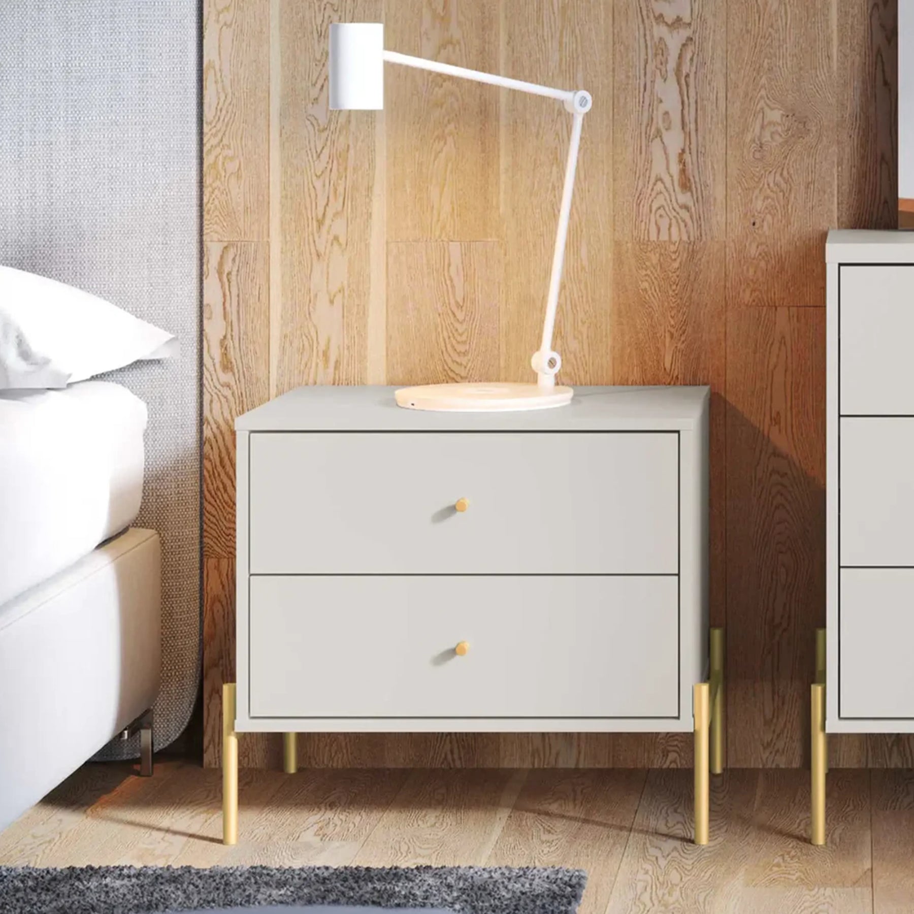 Conjunto 2 Mesas de Cabeceira com 2 Gavetas Jasper 64 cm - Branco c/ Dourado