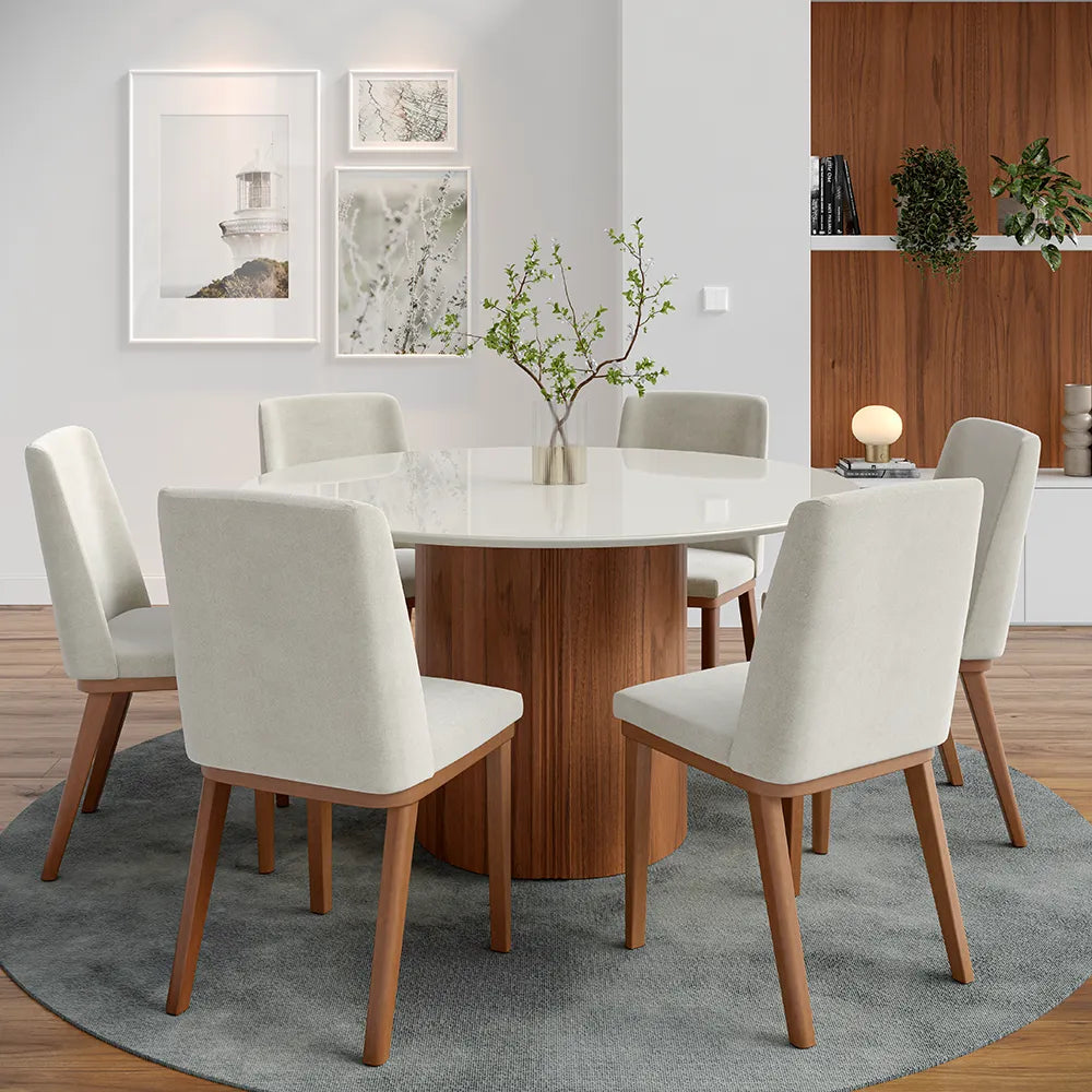 Mesa de Jantar Redonda c/ Vidro para 6 Lugares Kalina 135 cm - Off White Fosco c/ Canella
