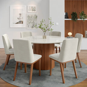 Mesa de Jantar Redonda c/ Vidro para 6 Lugares Kalina 135 cm - Off White Fosco c/ Canella