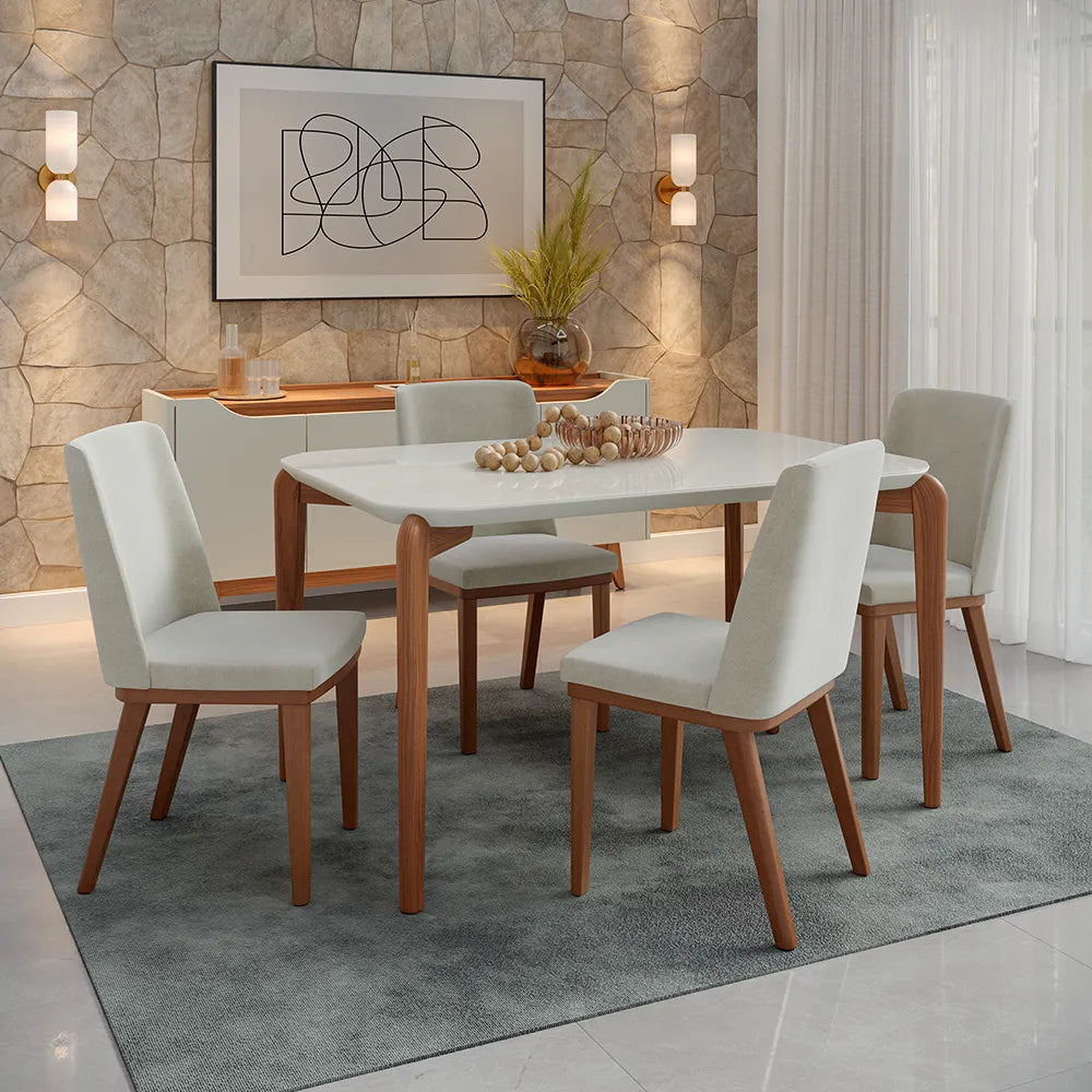 Mesa de Jantar Retangular c/ Vidro para 4 Lugares Donatella 135 cm - Off White Fosco c/ Natural