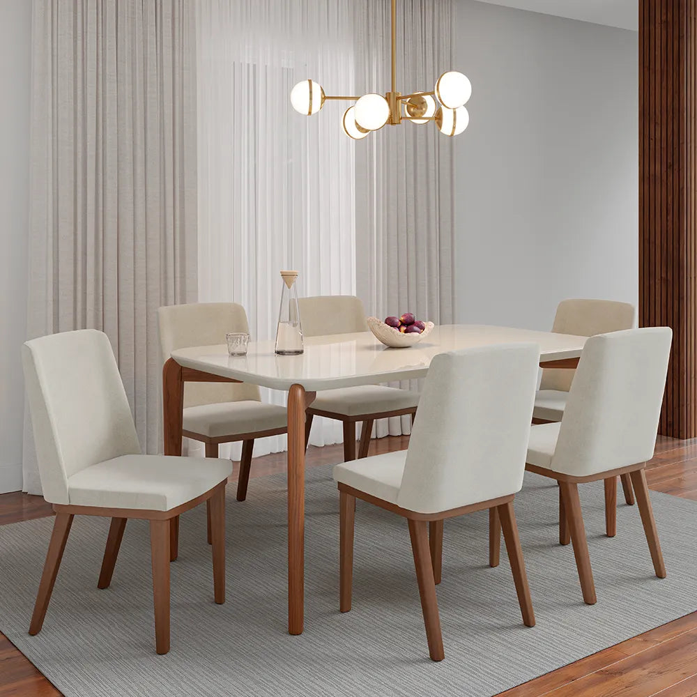Mesa de Jantar Retangular c/ Vidro para 6 Lugares Donatella 160 cm - Off White Fosco c/ Natural