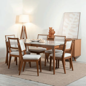 Mesa de Jantar Retangular c/ Vidro para 6 Lugares Ella 160 cm - Natural c/ Off White Fosco