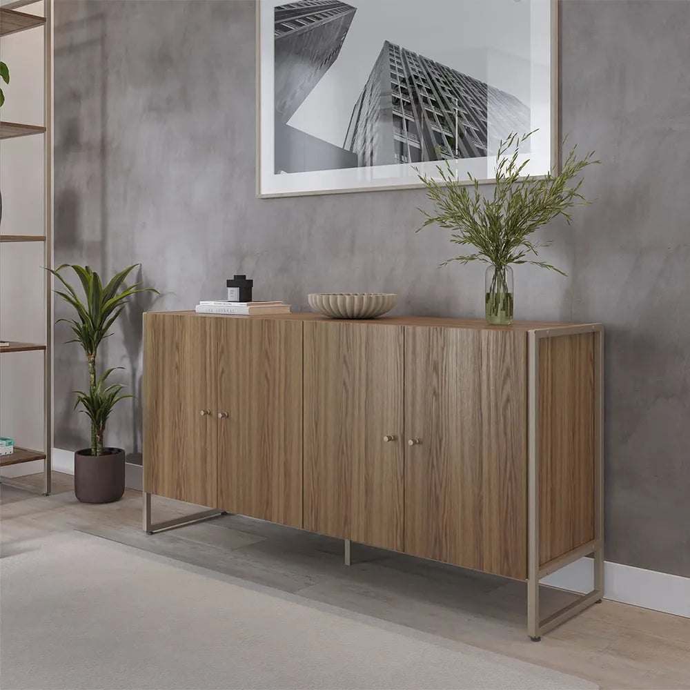 Balcão Buffet 4 Portas Aço com MDF Voss 146 cm - Freijó c/ Champanhe