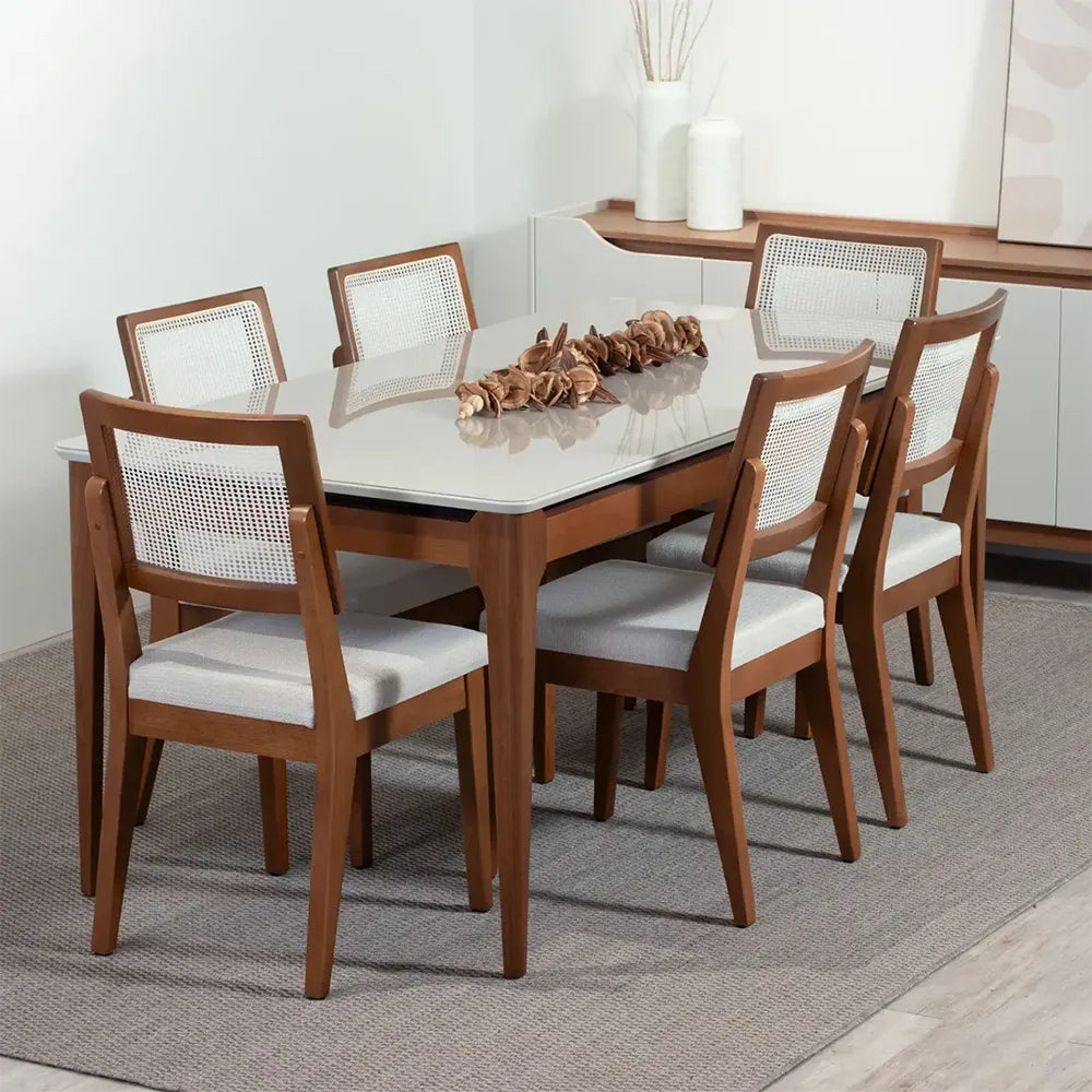 Mesa de Jantar Retangular c/ Vidro para 6 Lugares Addar 180 cm - Natural c/ Off White