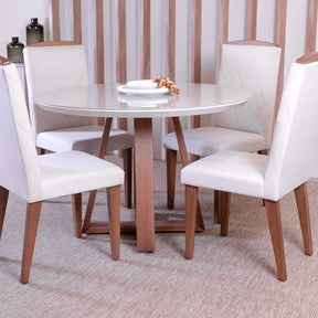 Mesa de Jantar Redonda c/ Vidro para 4 Lugares Bennett 115 cm - Natural c/ Off White