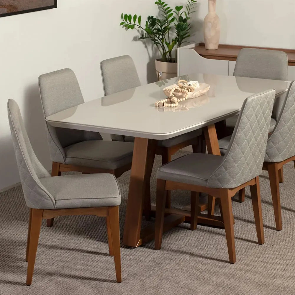 Mesa de Jantar Retangular c/ Vidro para 6 Lugares Bennett 160 cm - Natural c/ Off White