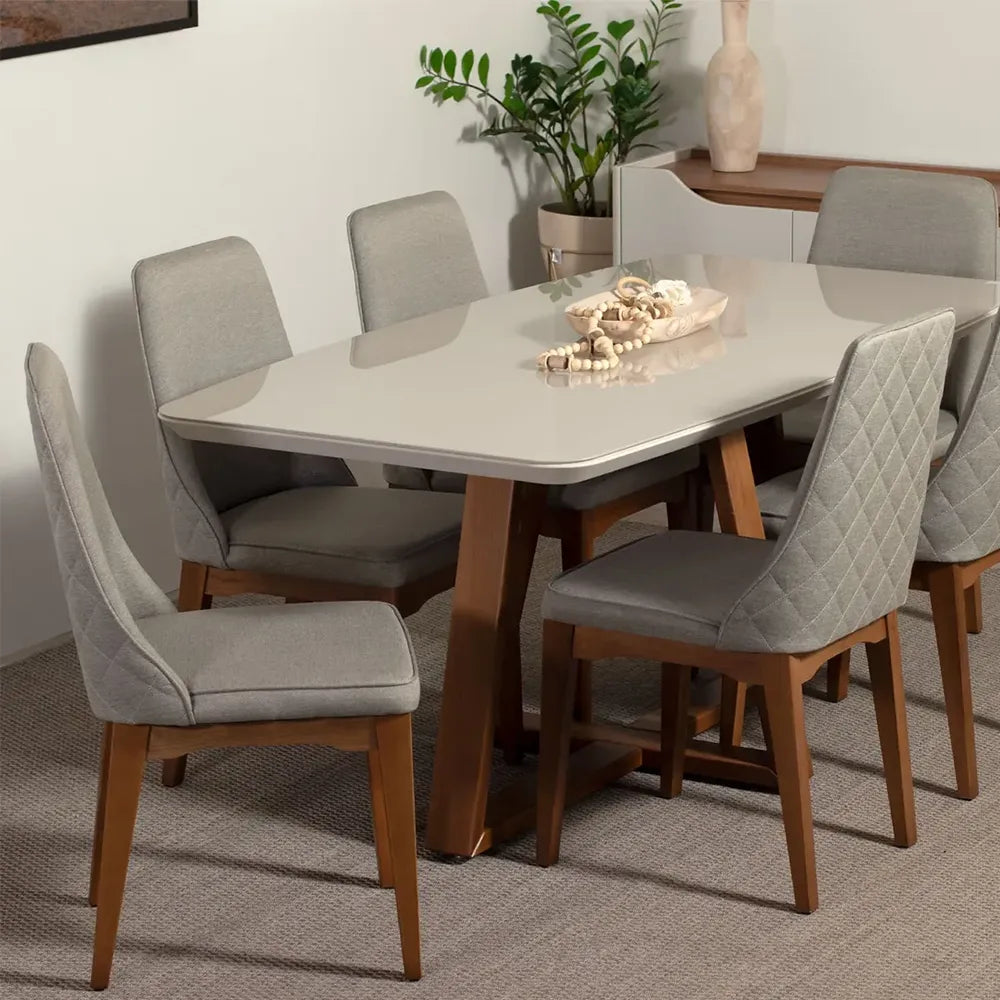 Mesa de Jantar Retangular c/ Vidro para 6 Lugares Bennett 180 cm - Natural c/ Off White