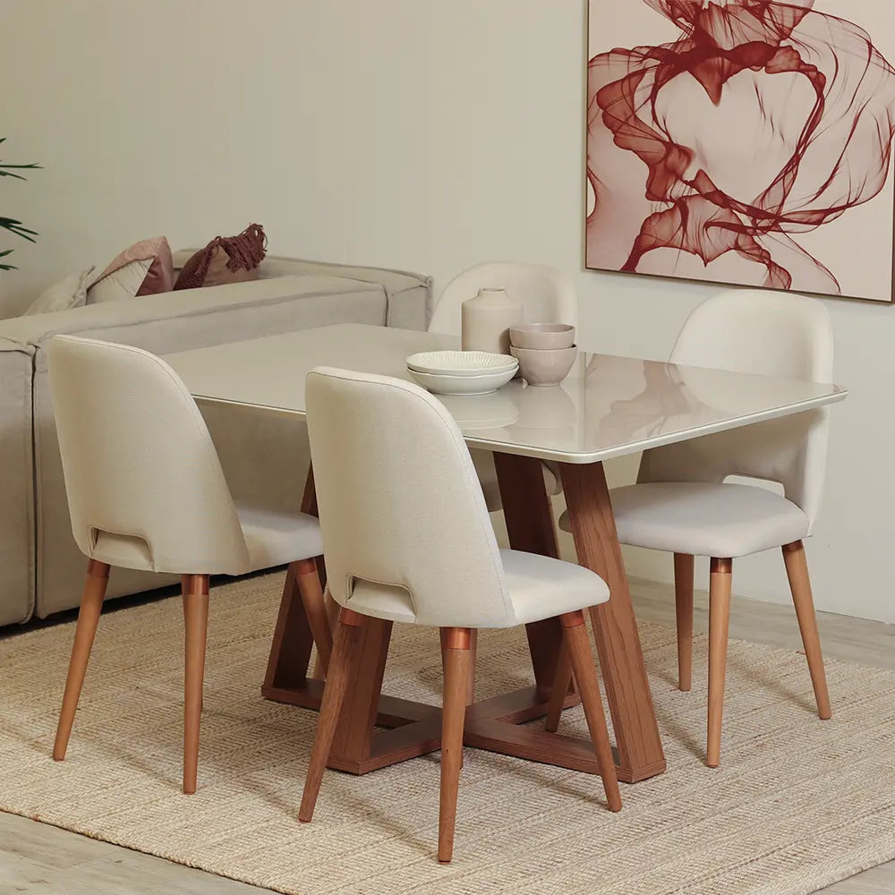 Mesa de Jantar Retangular c/ Vidro para 4 Lugares Avena 135 cm - Canella c/ Off White Fosco
