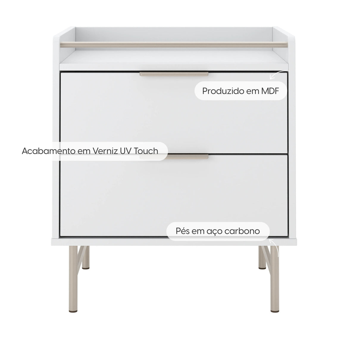 Conjunto 2 Mesas de Cabeceira 2 Gavetas com LED Yves 53 cm - Branco Fosco c/ Champanhe