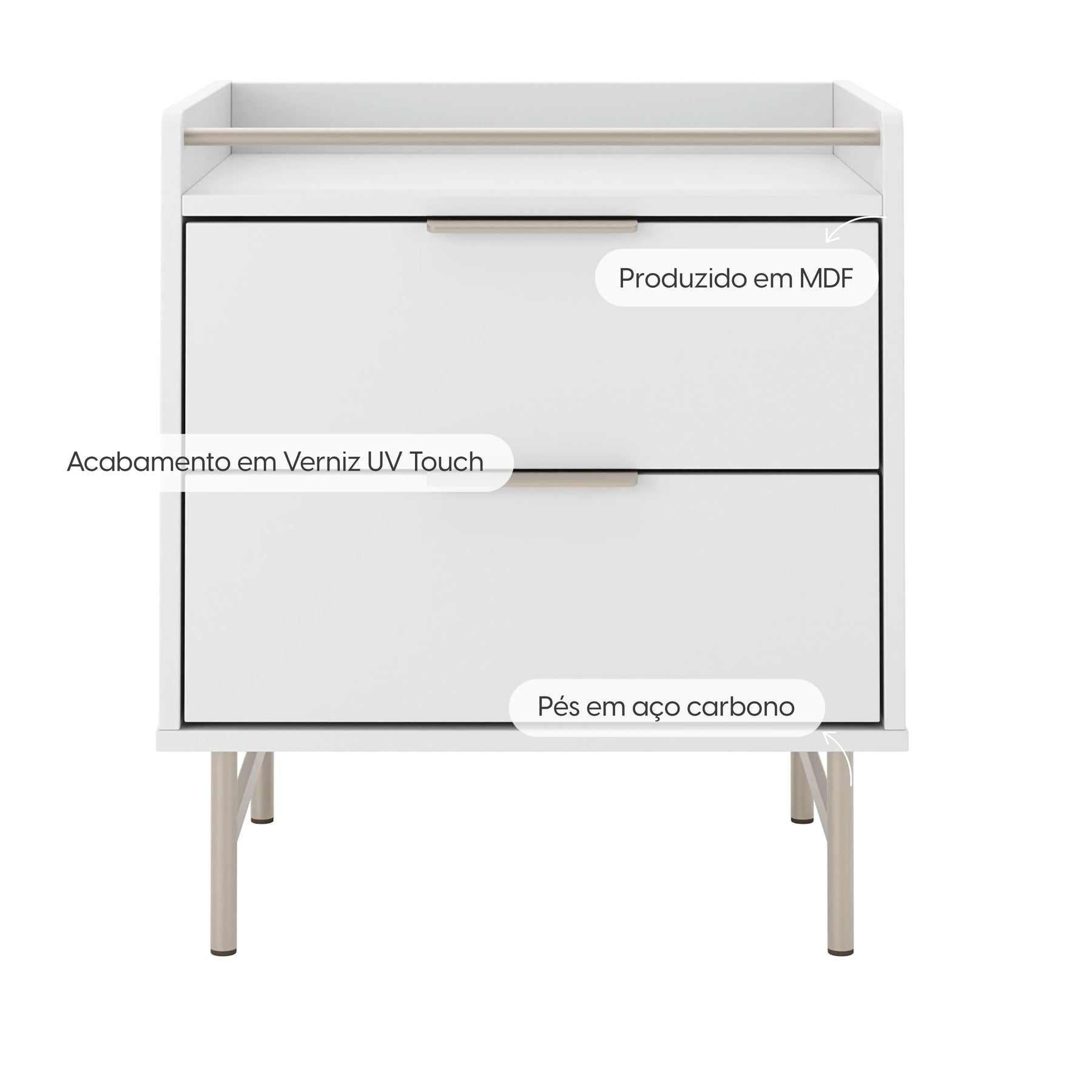 Conjunto 2 Mesas de Cabeceira 2 Gavetas com LED Yves 53 cm - Branco Fosco c/ Champanhe