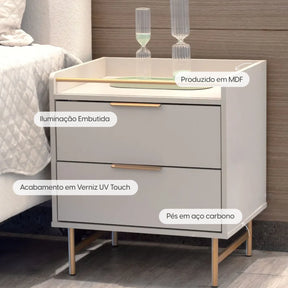 Conjunto 2 Mesas de Cabeceira 2 Gavetas com LED Yves 53 cm - Off White Fosco c/ Dourado