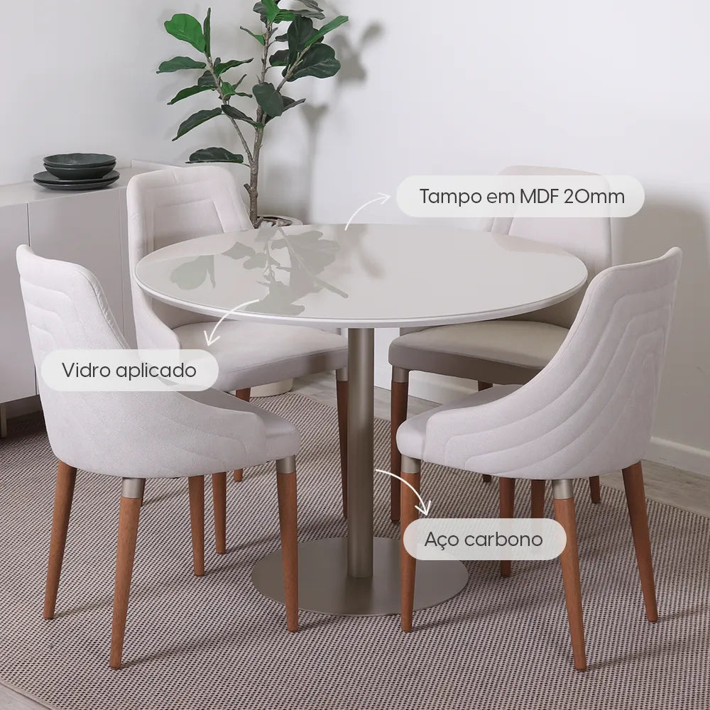 Mesa de Jantar Redonda com Vidro para 4 Lugares Cloe 108 cm - Champanhe c/ Off White Fosco