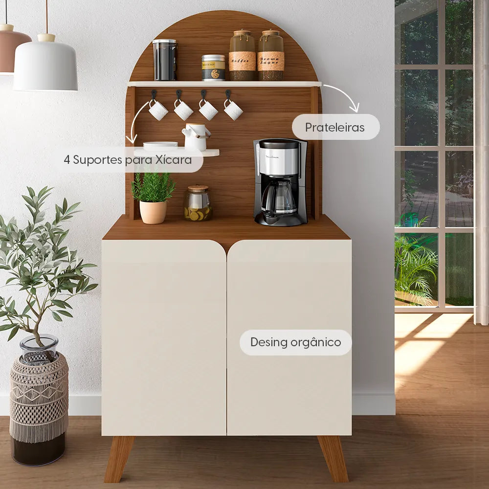 Buffet 2 Portas com Suporte de Xícaras para Sala e Cozinha Siena 80 cm - Natural c/ Off White