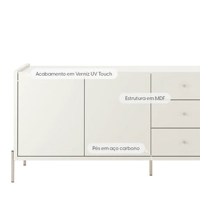 Buffet 3 Portas 3 Gavetas Jasper 184 cm - Off White c/ Champanhe