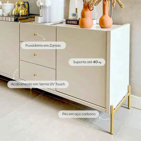 Buffet 3 Portas 3 Gavetas Jasper 184 cm - Off White c/ Dourado