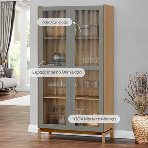 Cristaleira Madeira Maciça 2 Portas com Vidro Canelado Amsterdã 100 cm - Natural c/ Verde