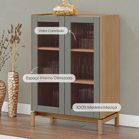 Cristaleira de Madeira Maciça 2 Portas com Vidro Canelado Amsterdã 80 cm - Natural c/ Verde