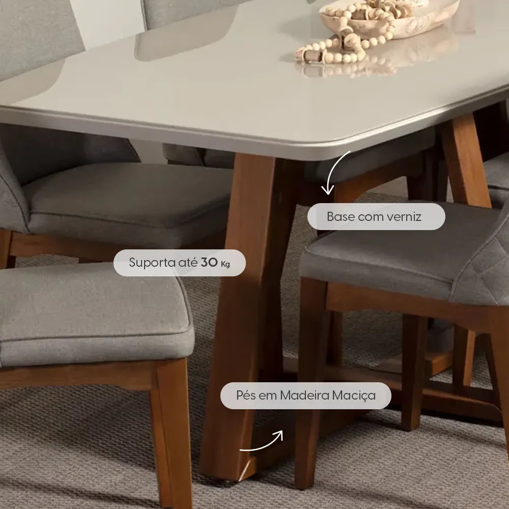 Mesa de Jantar Retangular c/ Vidro para 6 Lugares Bennett 180 cm - Natural c/ Off White