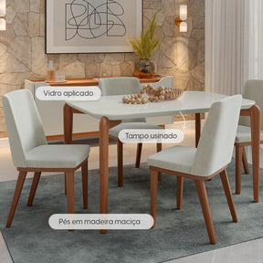 Mesa de Jantar Retangular c/ Vidro para 4 Lugares Donatella 135 cm - Off White Fosco c/ Natural