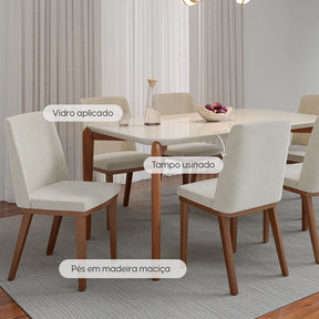 Mesa de Jantar Retangular c/ Vidro para 6 Lugares Donatella 160 cm - Off White Fosco c/ Natural