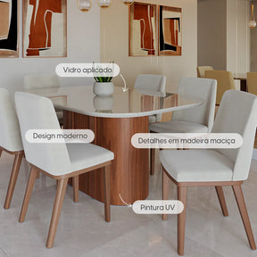 Mesa de Jantar Retangular c/ Vidro para 6 Lugares Kalina 160 cm - Off White Fosco c/ Canella