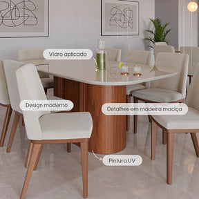 Mesa de Jantar Retangular c/ Vidro para 6 Lugares Kalina 180 cm - Off White Fosco c/ Canella