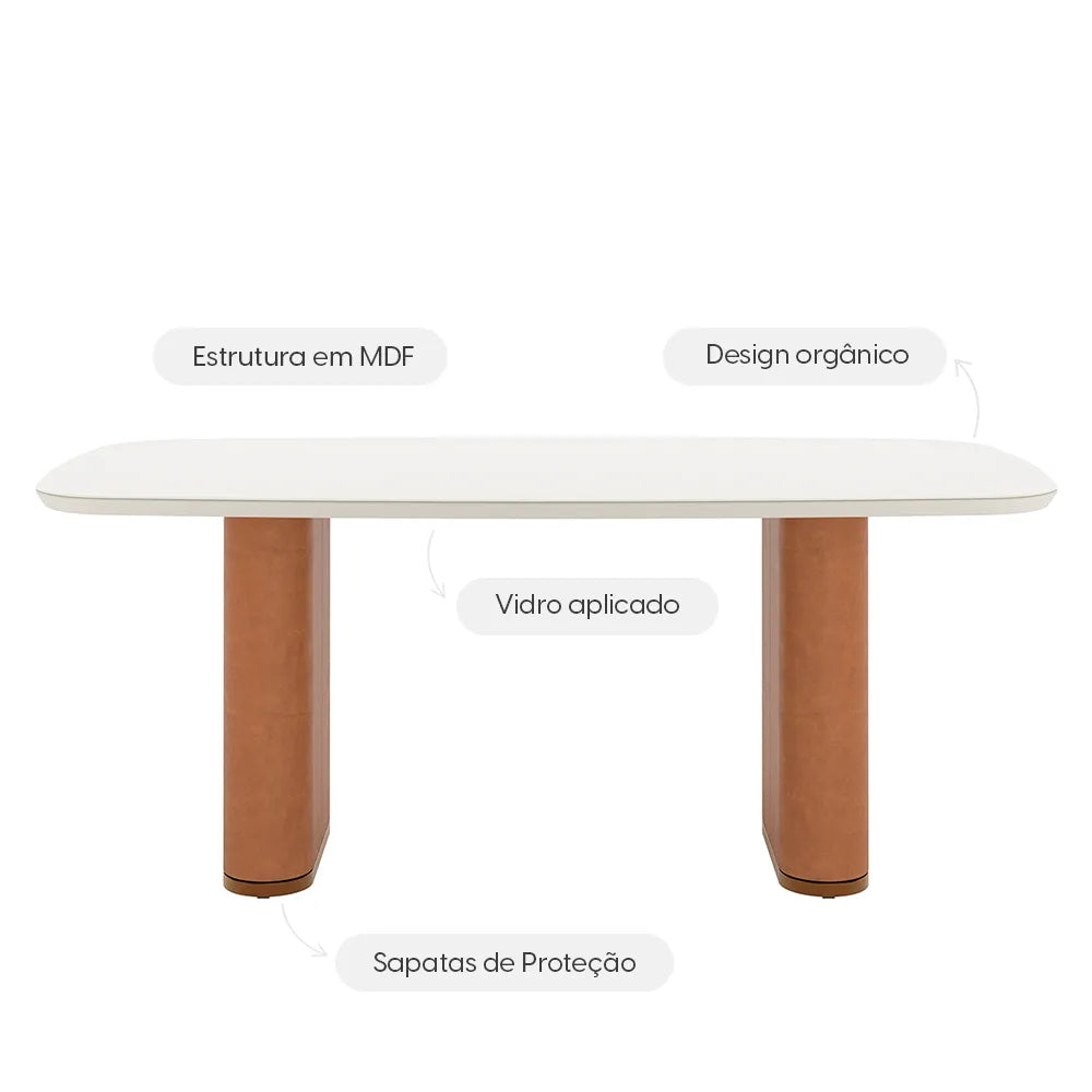 Mesa de Jantar Retangular c/ Vidro para 6 Lugares Lintz 184 cm - Off White Fosco c/ Canella - PU Caramelo