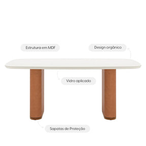 Mesa de Jantar Retangular c/ Vidro para 6 Lugares Lintz 184 cm - Off White Fosco c/ Canella - PU Caramelo