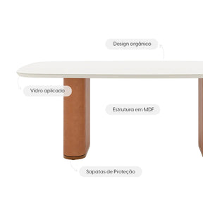 Mesa de Jantar Retangular c/ Vidro para 8 Lugares Lintz 219 cm - Off White Fosco c/ Canella - PU Caramelo
