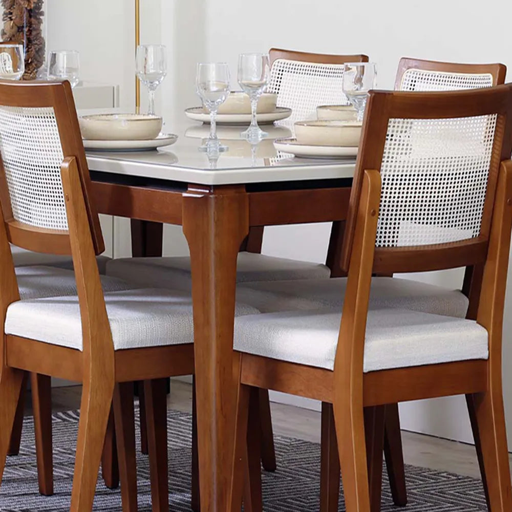 Mesa de Jantar Retangular c/ Vidro para 6 Lugares Addar 180 cm - Natural c/ Off White