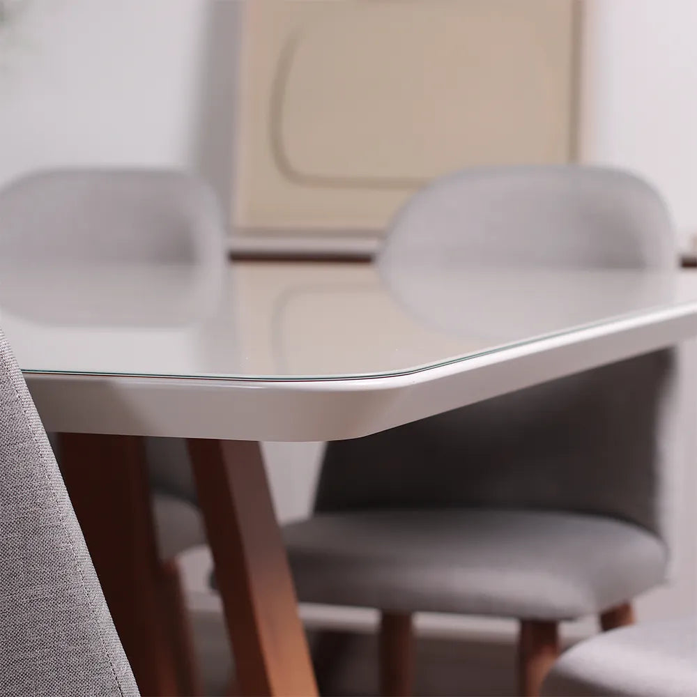 Mesa de Jantar Quadrada c/ Vidro para 6 Lugares Bennett 135 cm - Natural c/ Off White Fosco
