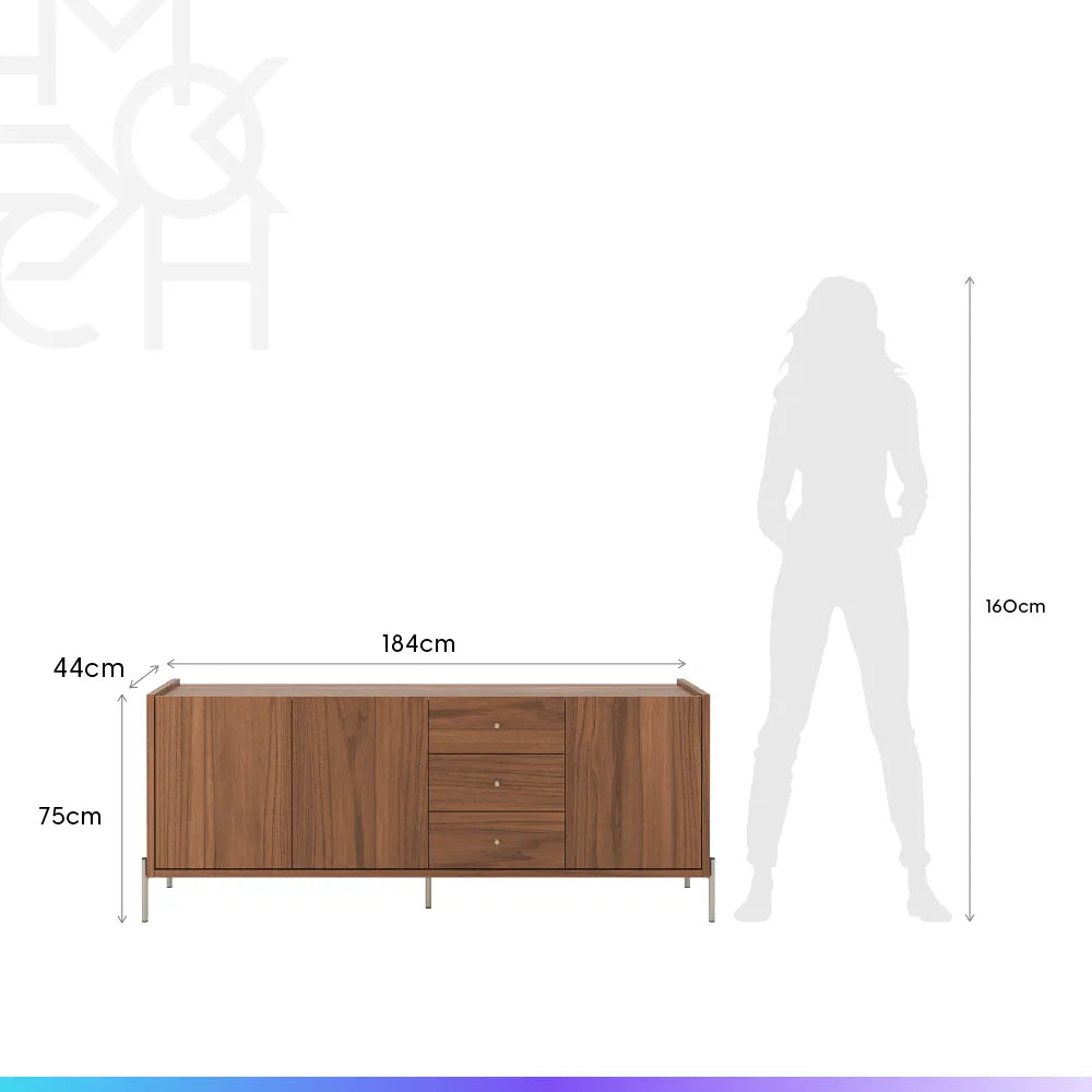 Buffet 3 Portas 3 Gavetas Jasper 184 cm - Canella c/ Champanhe